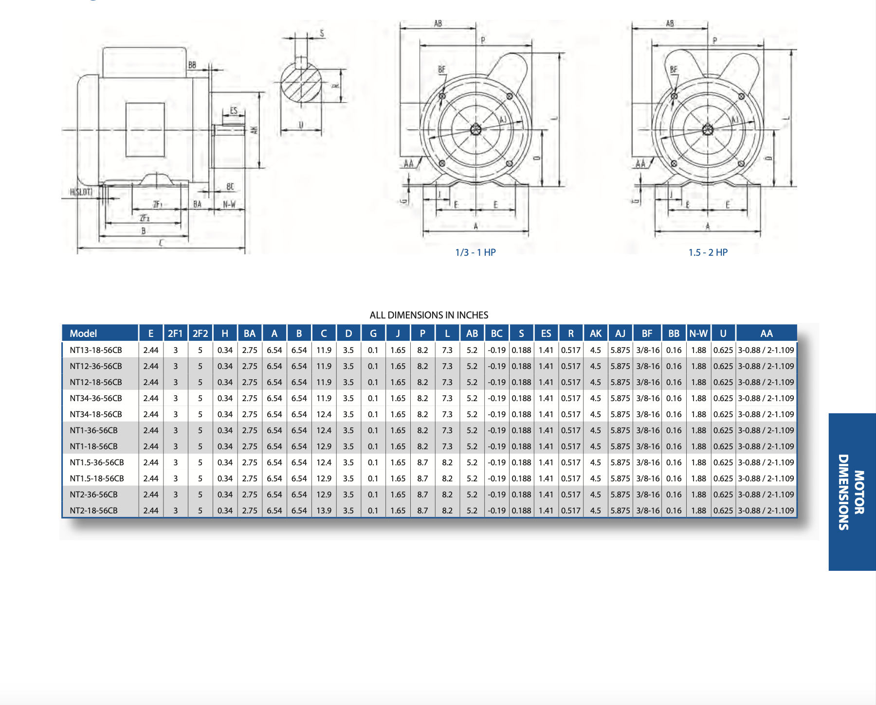 2HP 1800 RPM 56CB Single Phase Motor Dimensional Drawings
